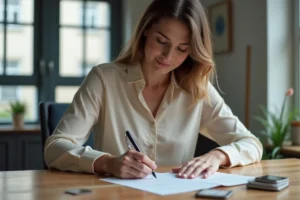 Femme remplissant des papiers dans un appartement moderne