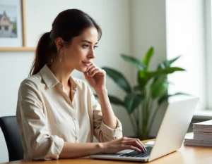 Femme consultant des offres immobilières en ligne sur un ordinateur portable dans un bureau moderne