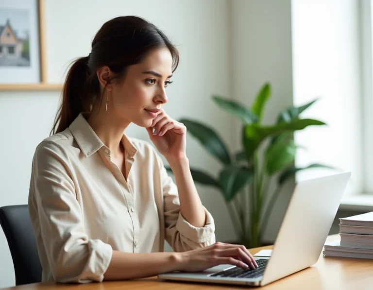 Femme consultant des offres immobilières en ligne sur un ordinateur portable dans un bureau moderne