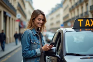 Femme souriante confirmant sa reservation taxi Paris