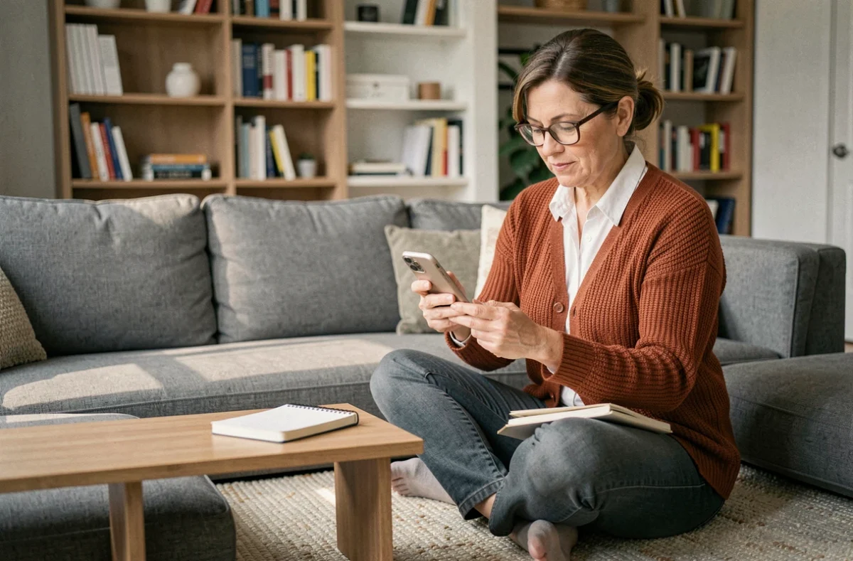 Femme explorant le plan du site d'un magasin de décoration intérieure depuis un canapé confortable