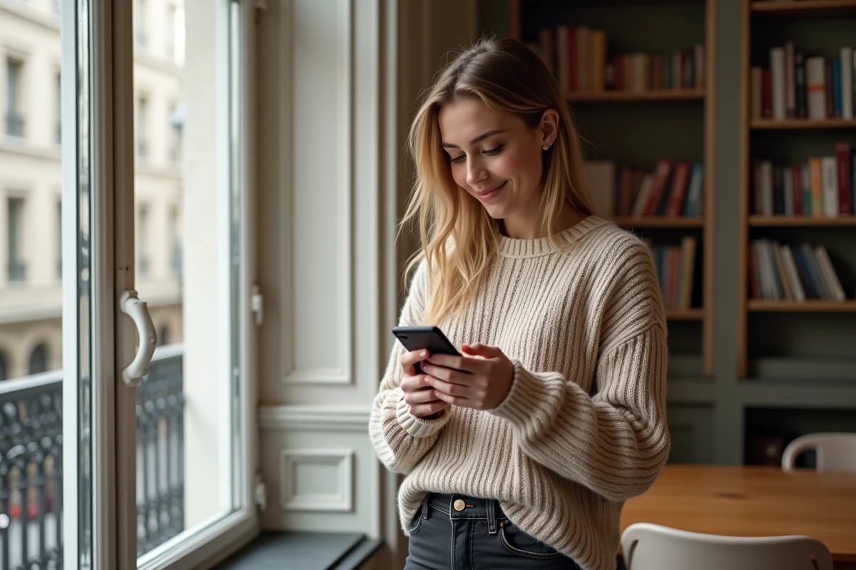 Femme consultant les dates de ventes privées 2025 sur son smartphone dans un appartement parisien