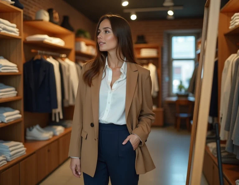 Femme élégante en blazer camel devant un miroir dans une boutique parisienne moderne