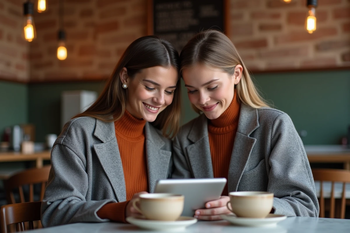 Deux femmes consultant le calendrier des ventes privées 2025 sur une tablette dans un café parisien