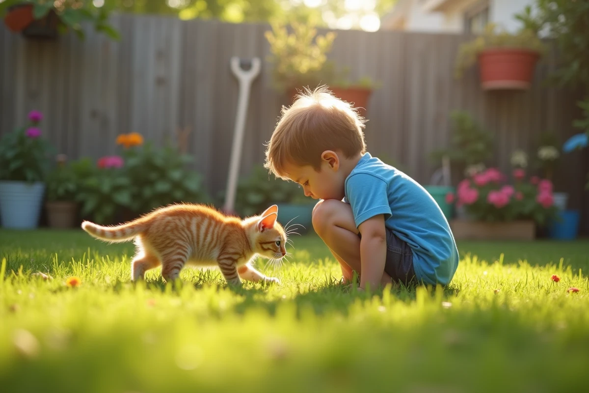 Jeune garçon observant un chaton dans un jardin ensoleille