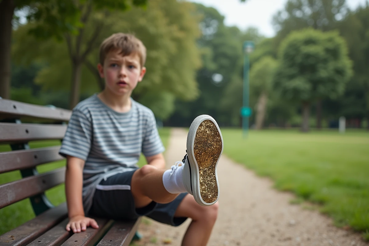 Adolescent montrant ses baskets usurees dans un parc