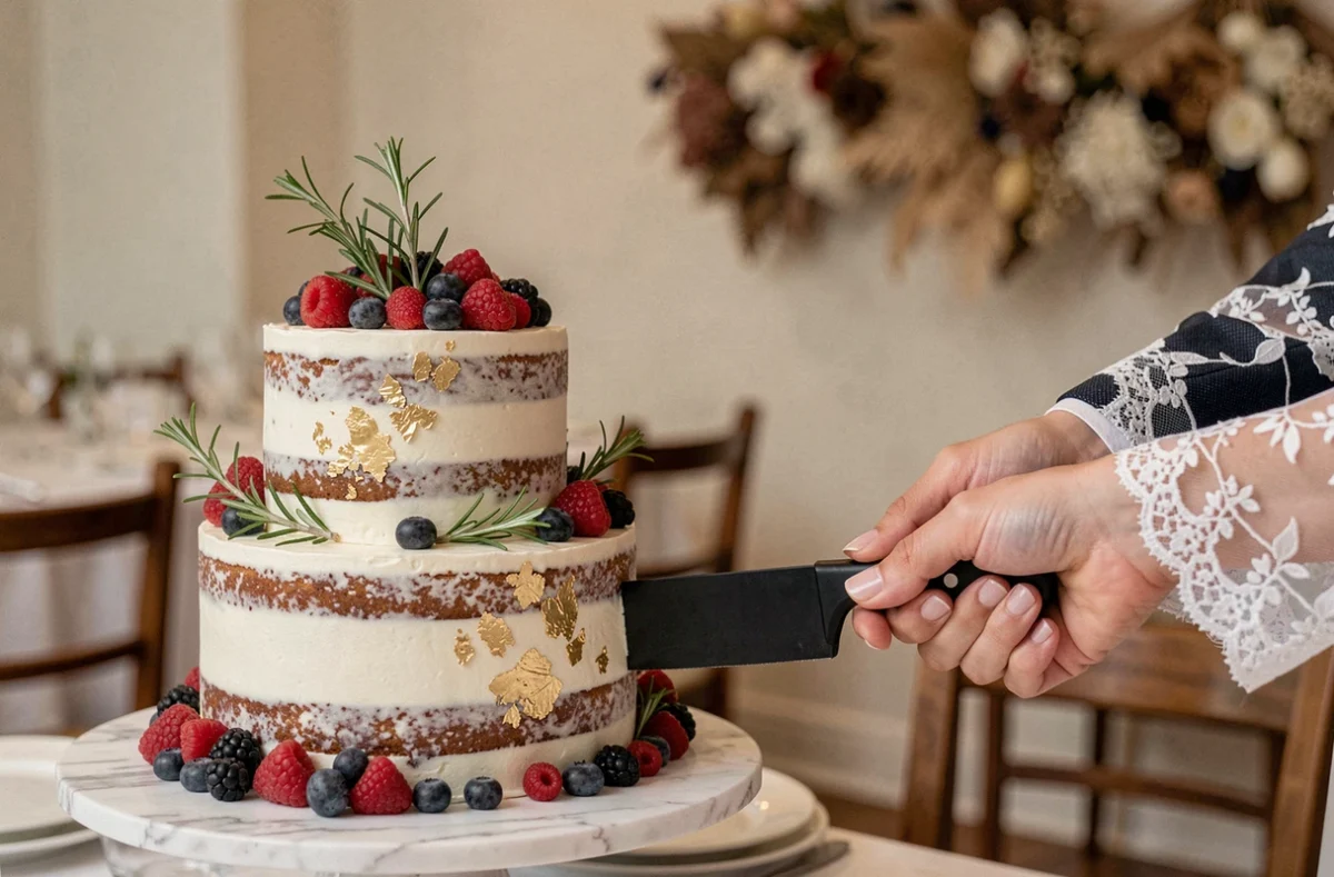 Couple coupant un gâteau de mariage naked cake décoré de fruits frais et de feuilles d'or sur un présentoir en marbre