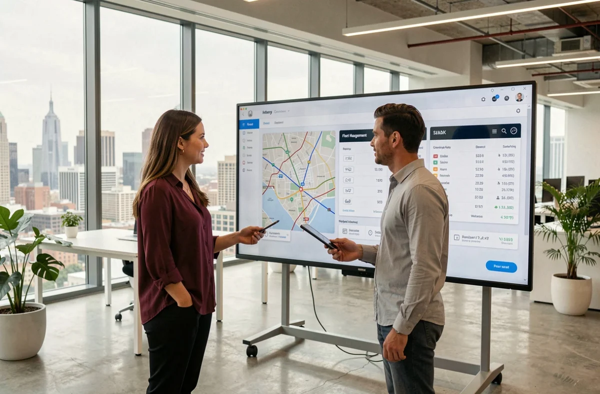 Deux collègues analysant un tableau de bord de gestion de flotte de transport professionnel sur écran numérique dans un bureau moderne