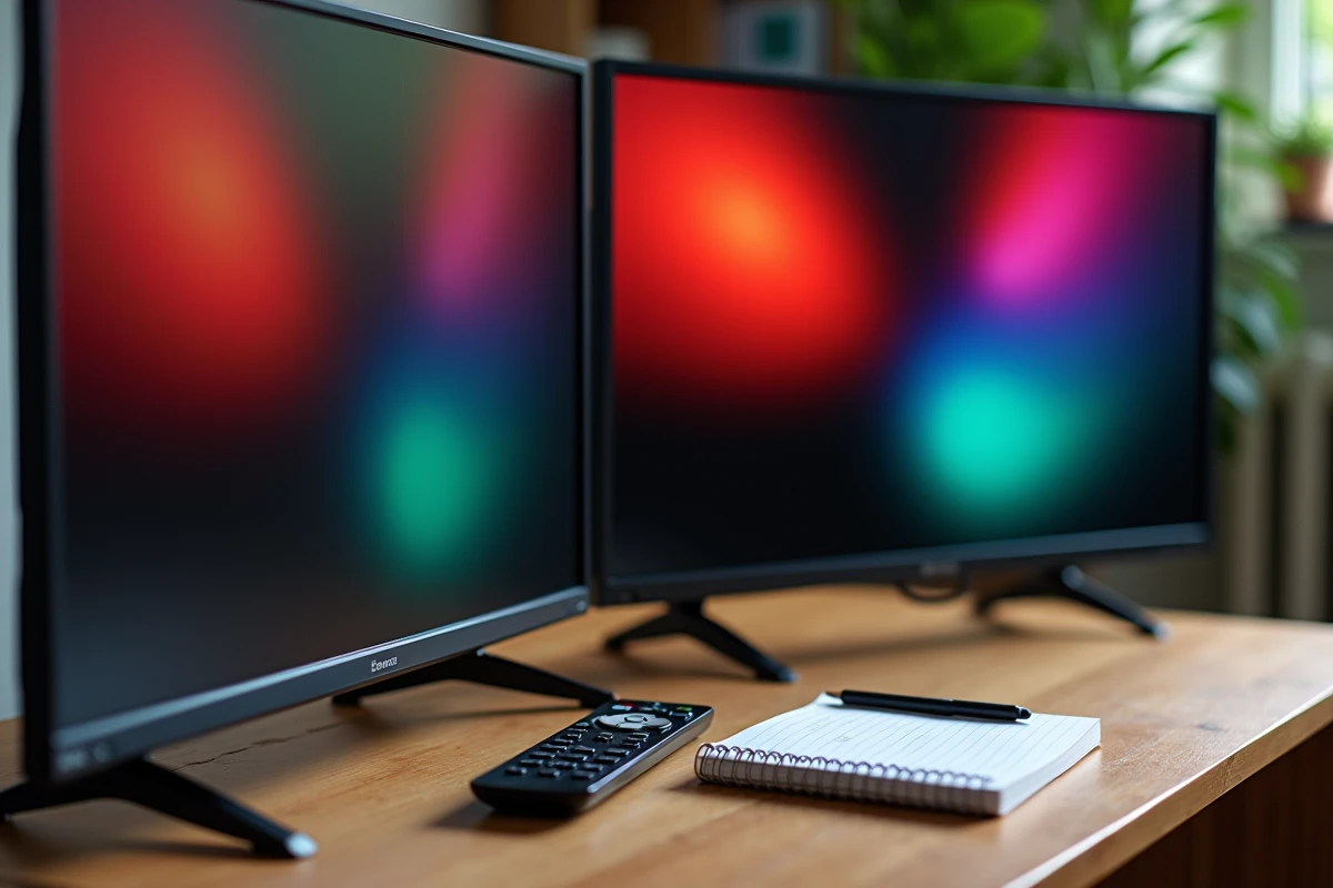 Gros plan sur deux écrans ULED et QLED affichant une mire de calibration couleur pour comparaison