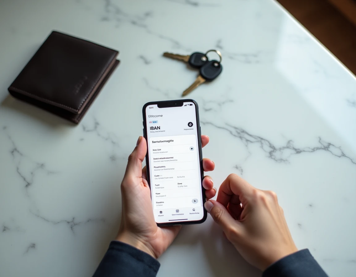 Gros plan sur une main tenant un smartphone avec un formulaire de modification de RIB affiché sur l'écran