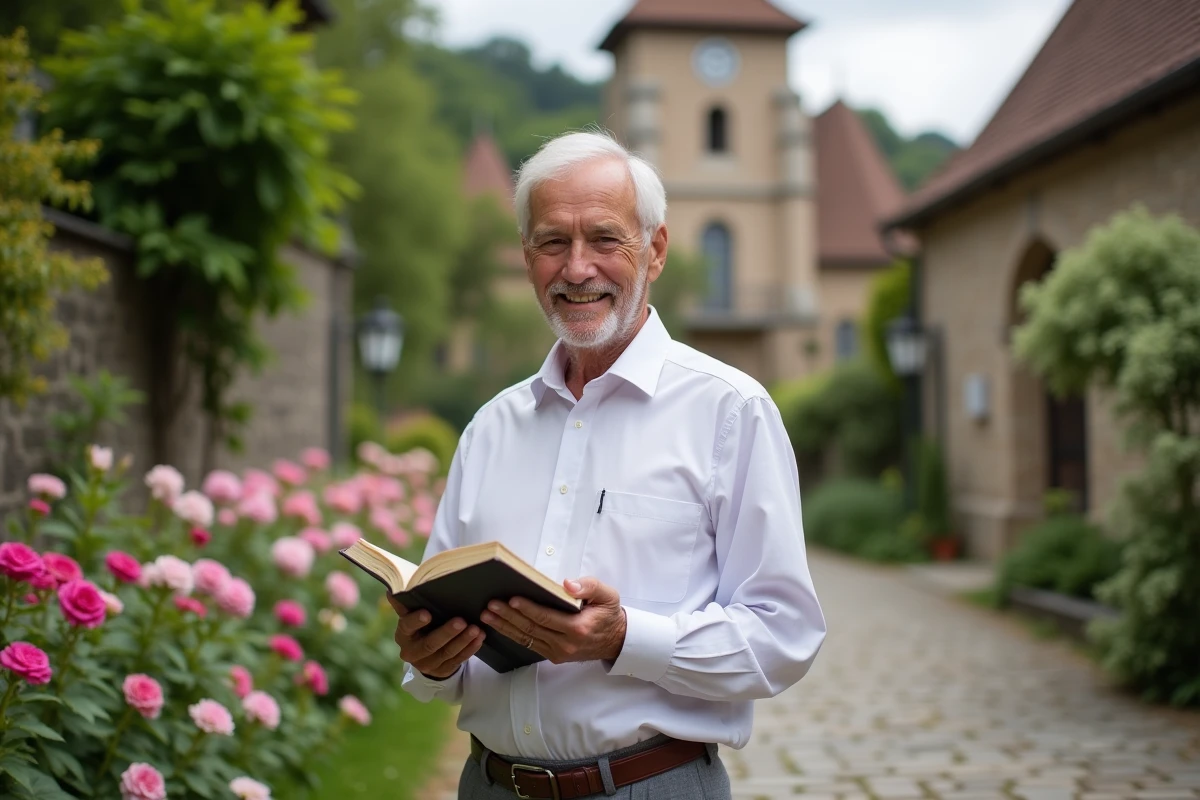 Homme âgé de 70 ans dans un jardin avec Bible et église en arrière-plan