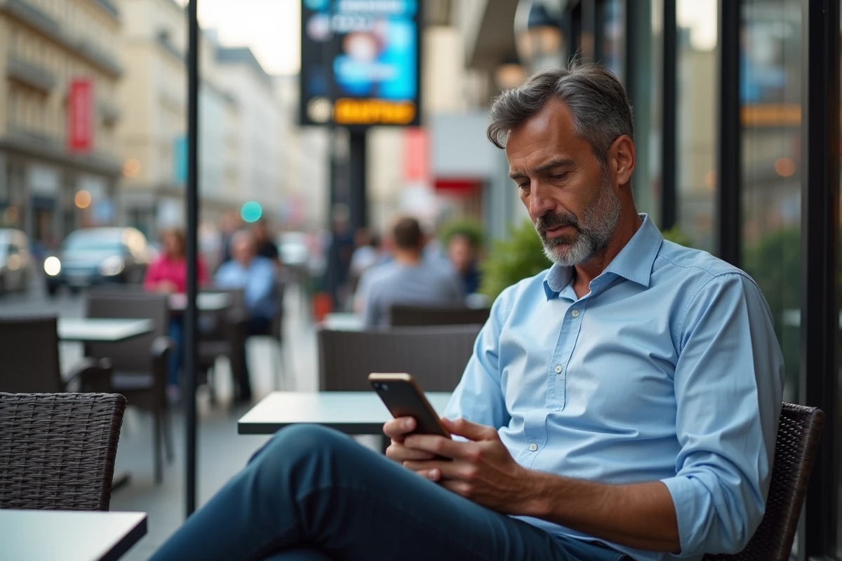 Homme lisant une actualite sur son smartphone en terrasse