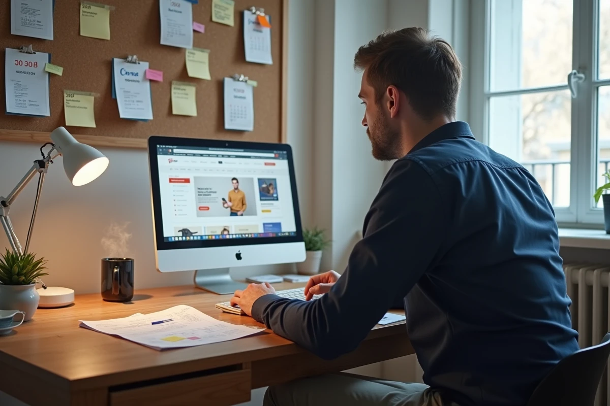 Homme organisant son calendrier de ventes privées 2025 dans un bureau à domicile