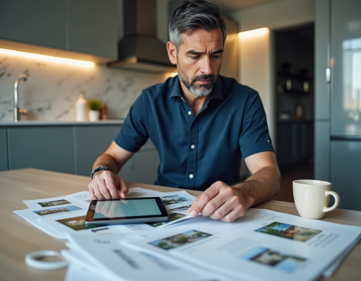 Homme comparant des annonces immobilières imprimées et en ligne sur une tablette dans une cuisine moderne