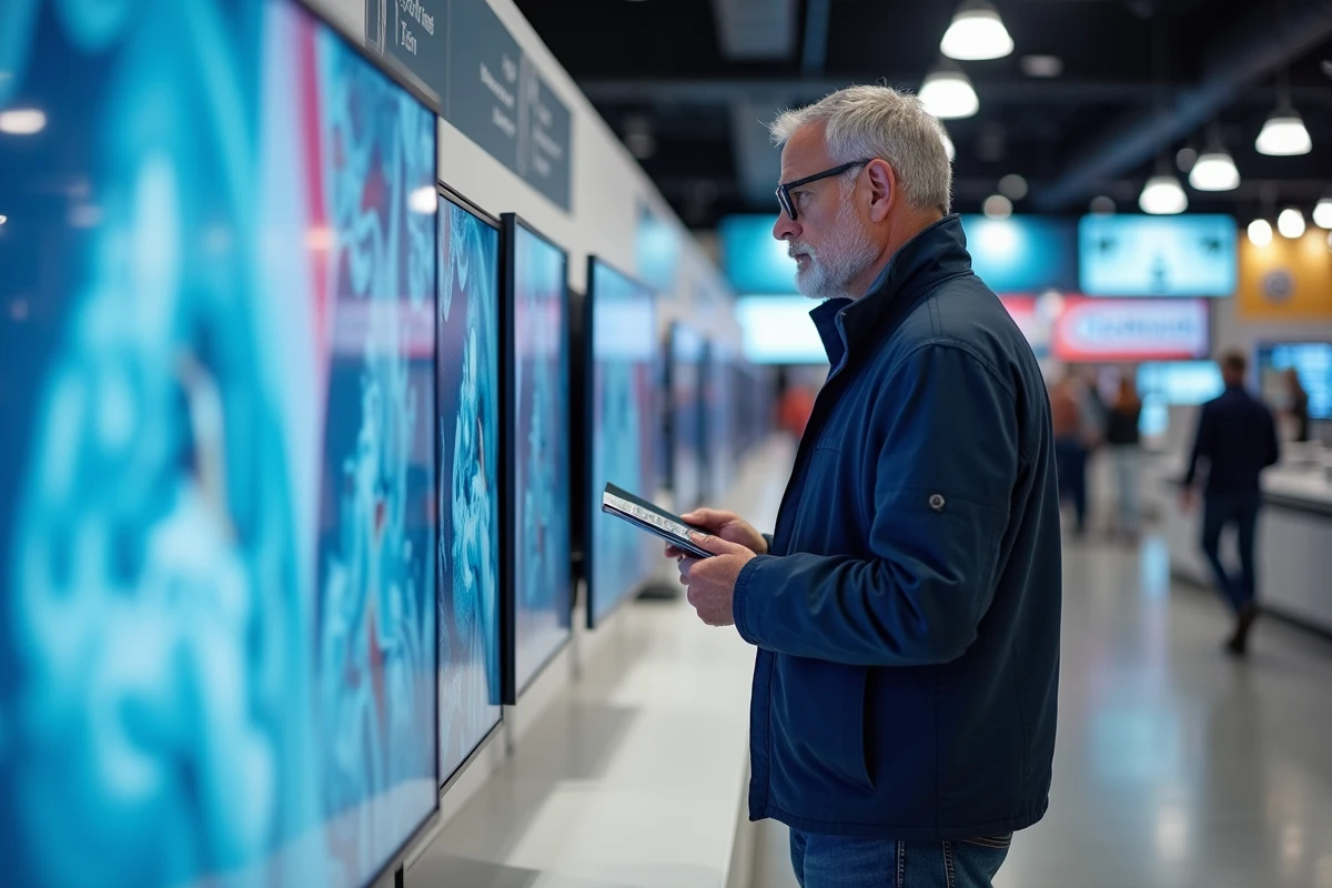 Un homme comparant des téléviseurs ULED et QLED dans un magasin d'électronique