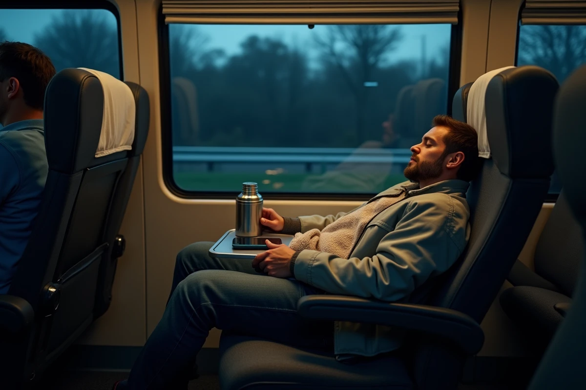 Homme endormi dans un bus de nuit avec une couverture, plateau repas et bouteille d'eau posés à côté