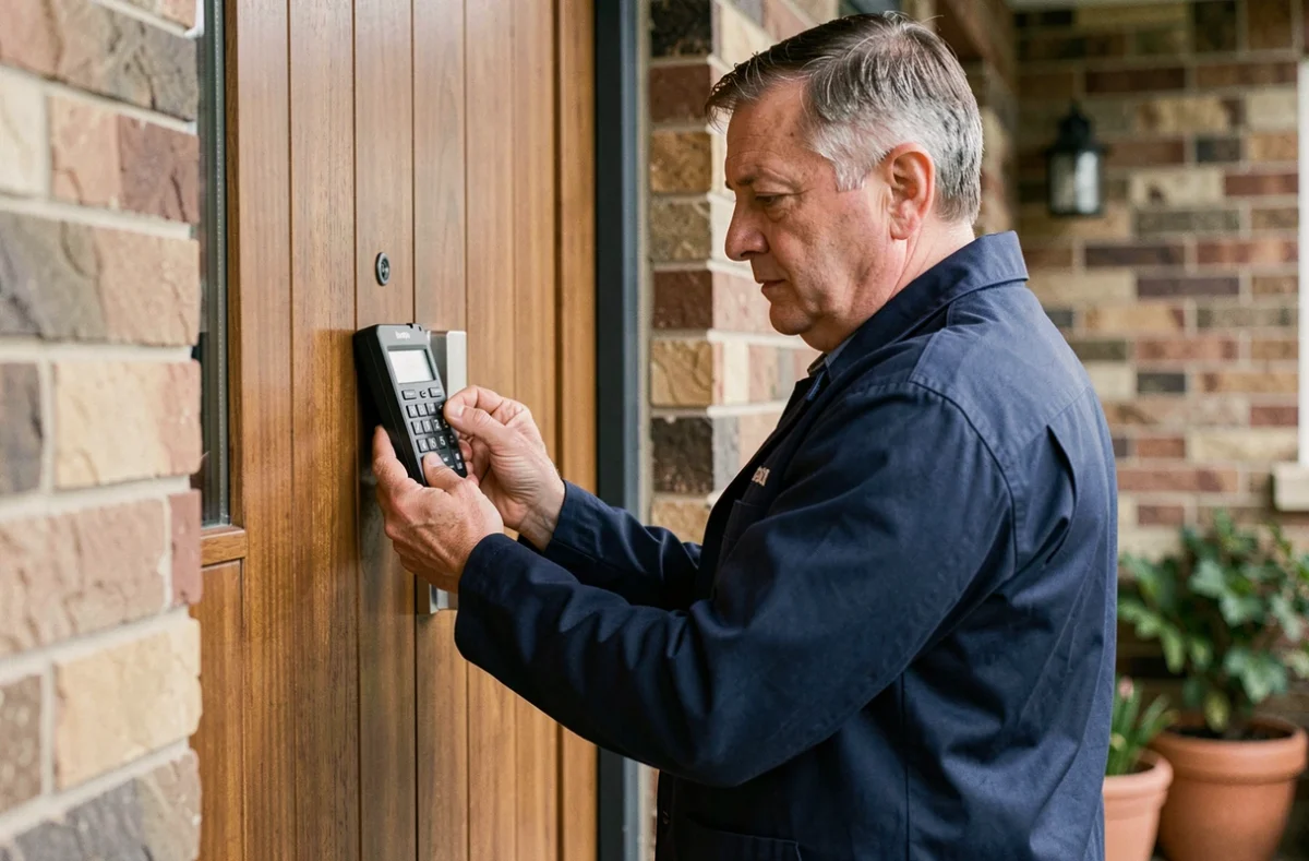 Homme examinant une serrure à clavier mécanique sur une porte d'entrée en bois
