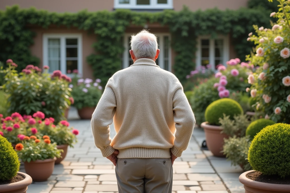 Homme âgé admirant un jardin symétrique avec chemin en pierre