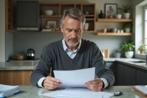Homme d'âge moyen lisant un document de prêt immobilier