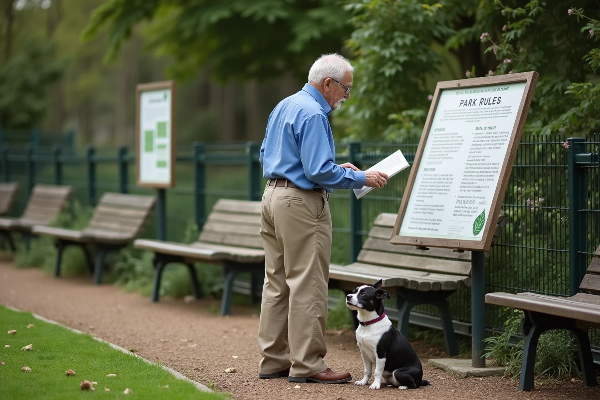 Homme âgé lisant panneau de règles avec son chien dans le parc