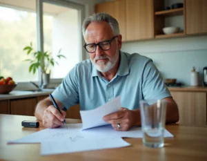 Homme d'âge mûr consultant un carnet de glycémie avec un glucomètre posé sur la table de cuisine, illustrant la surveillance du diabète