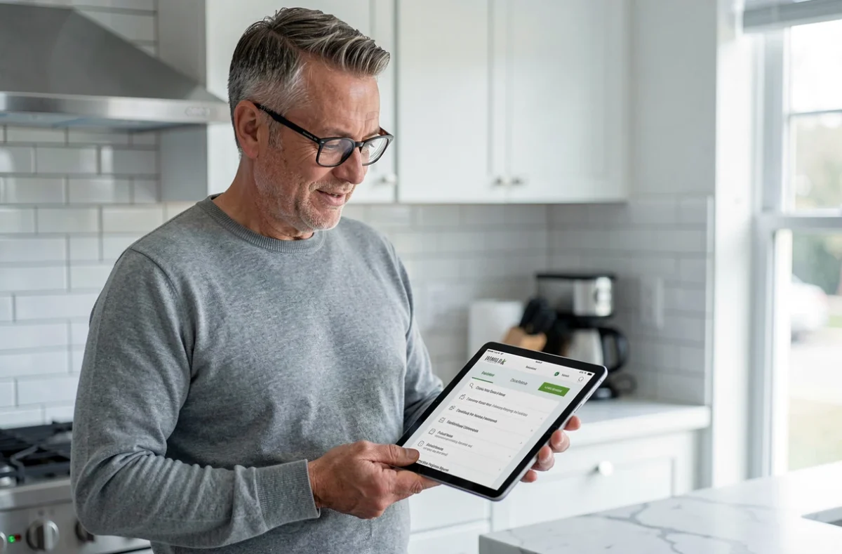 Homme consultant un plan de navigation de site web sur une tablette dans une cuisine moderne