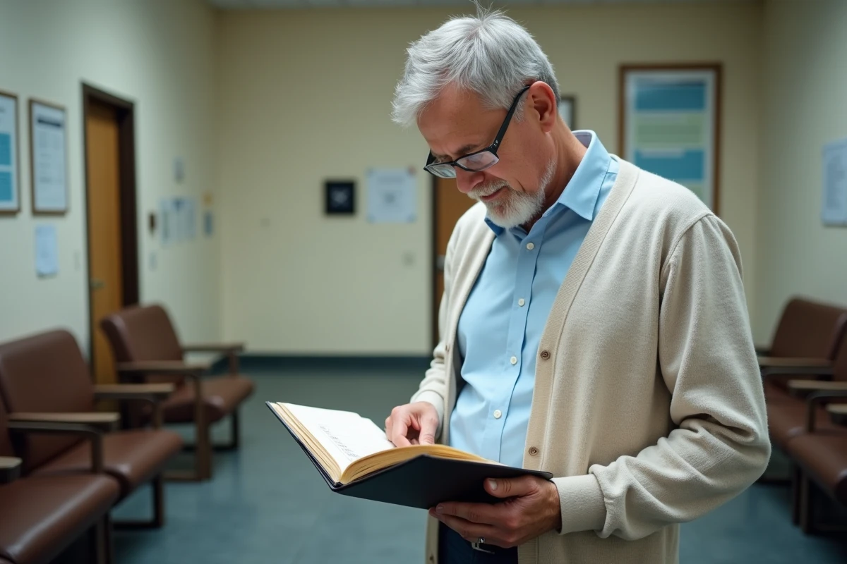Homme regardant un dossier dans un bureau municipal