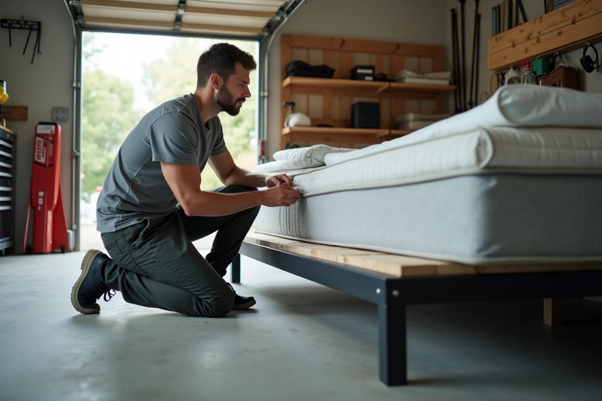 Un homme examine deux types de sommiers dans un garage pour identifier leur structure avant de les transporter sur une voiture.
