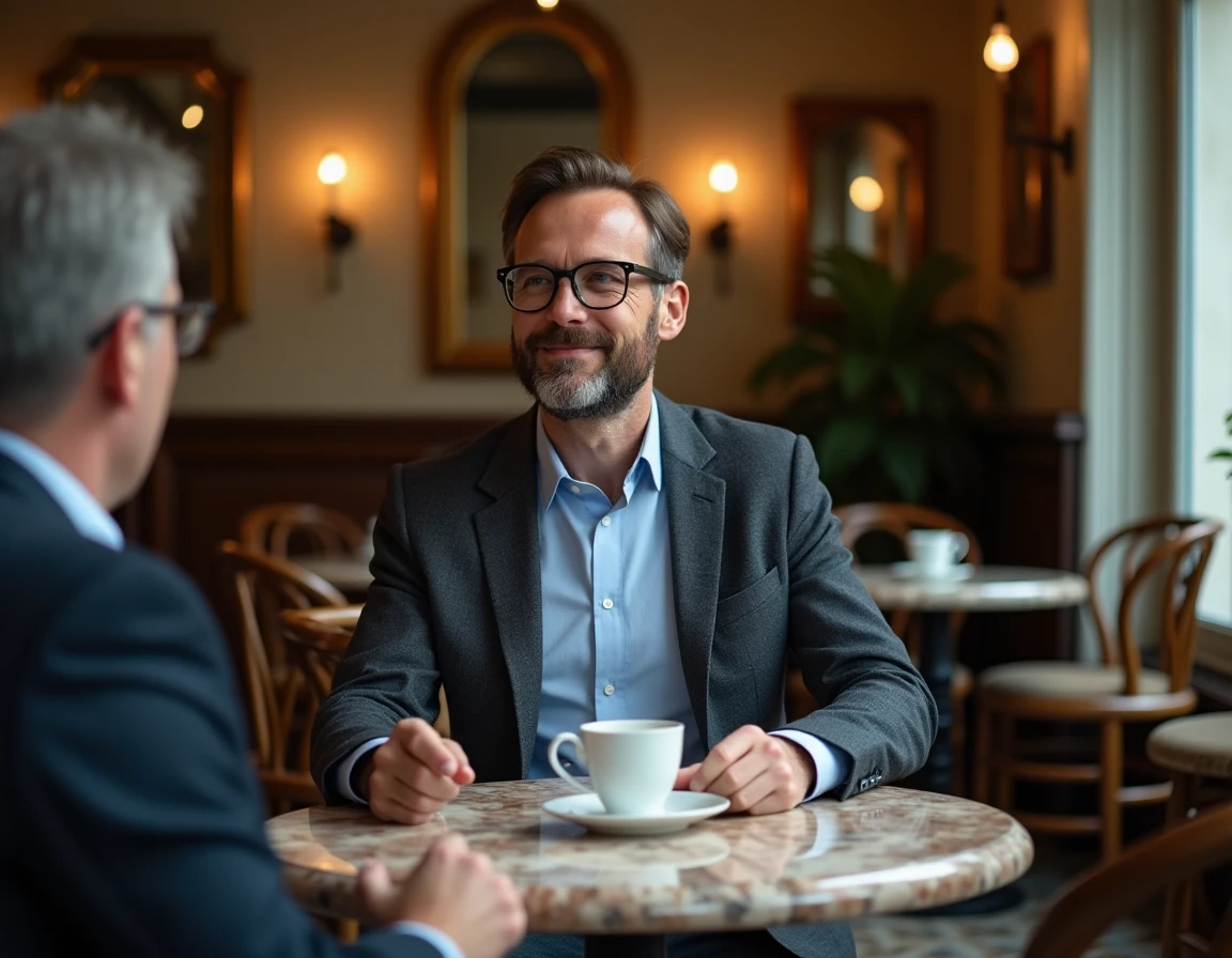 Intellectuel français en discussion animée dans une brasserie parisienne traditionnelle, ambiance vie privée et convivialité