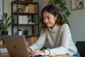 Jeune femme au bureau utilisant son ordinateur pour se connecter à MiSchool