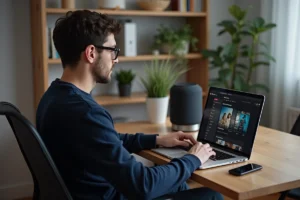 Jeune homme français utilisant un ordinateur portable à la maison