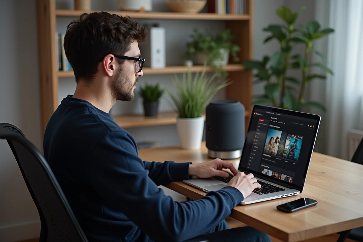 Jeune homme français utilisant un ordinateur portable à la maison