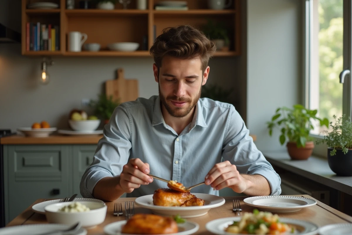 Jeune homme préparant poulet rôti dans cuisine moderne
