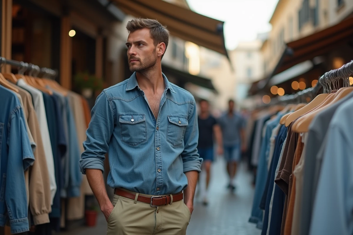 Homme parcourant des vêtements vintage dans un marché de seconde main en plein air, style éthique et autonome
