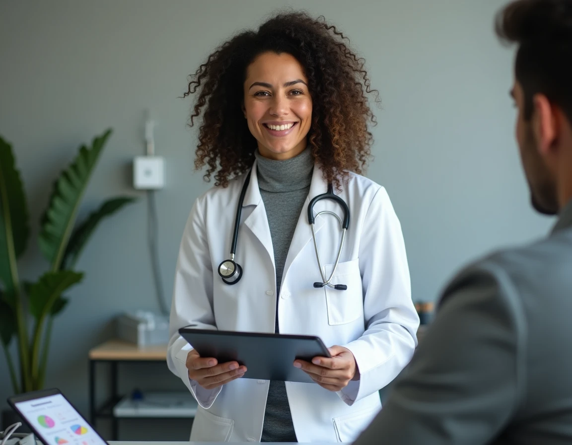 Médecin expliquant les facteurs de risque du diabète à un patient lors d'une consultation médicale avec une tablette affichant des données métaboliques