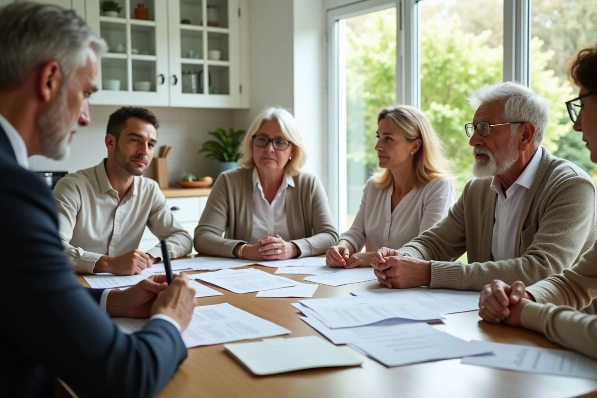Médiateur professionnel accompagnant une famille multigénérationnelle lors d'une session de résolution de conflit autour d'une table avec des documents