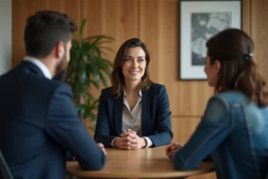 Médiatrice professionnelle facilitant une discussion entre un couple en conflit autour d'une table en bois dans un bureau de médiation moderne