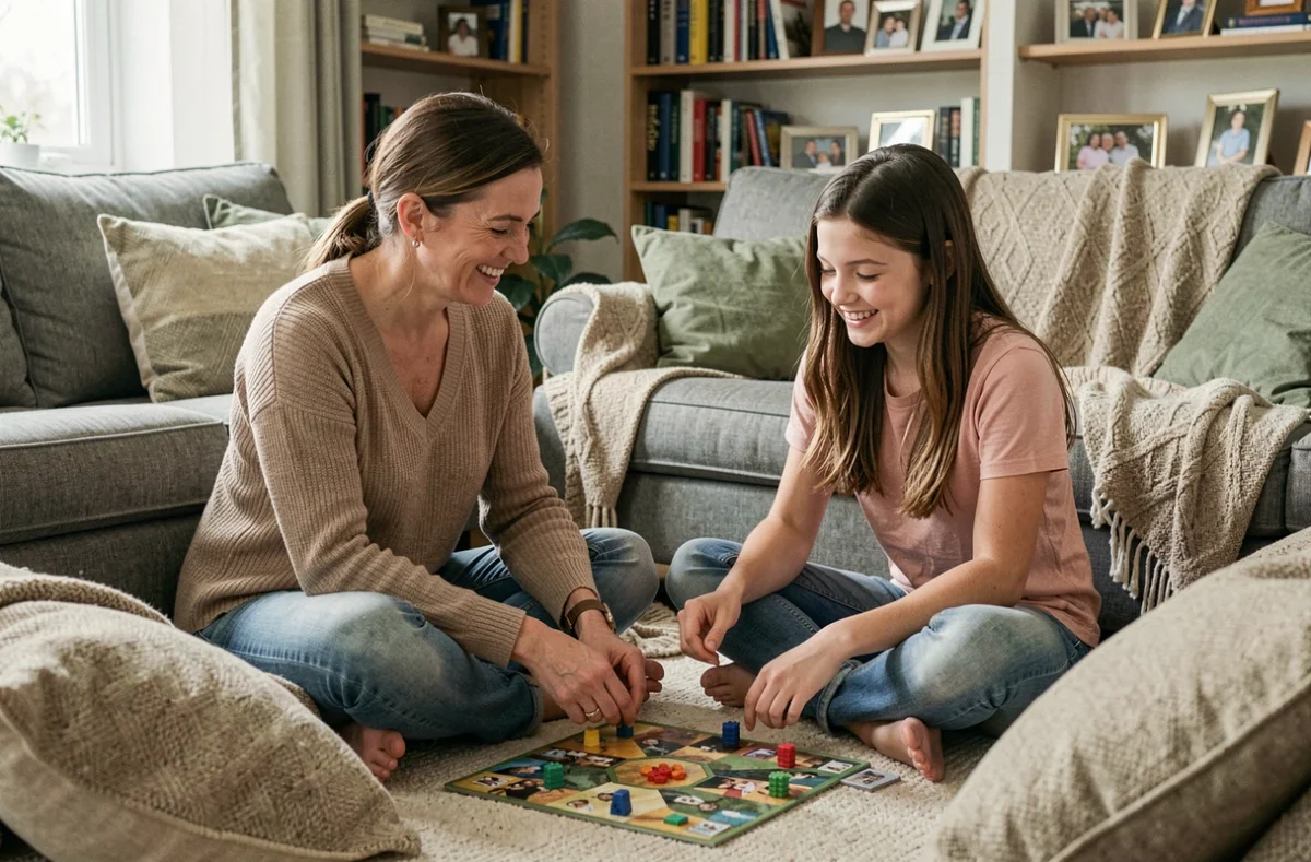 Mère et fille adolescente complices en train de jouer à un jeu de société dans un salon confortable