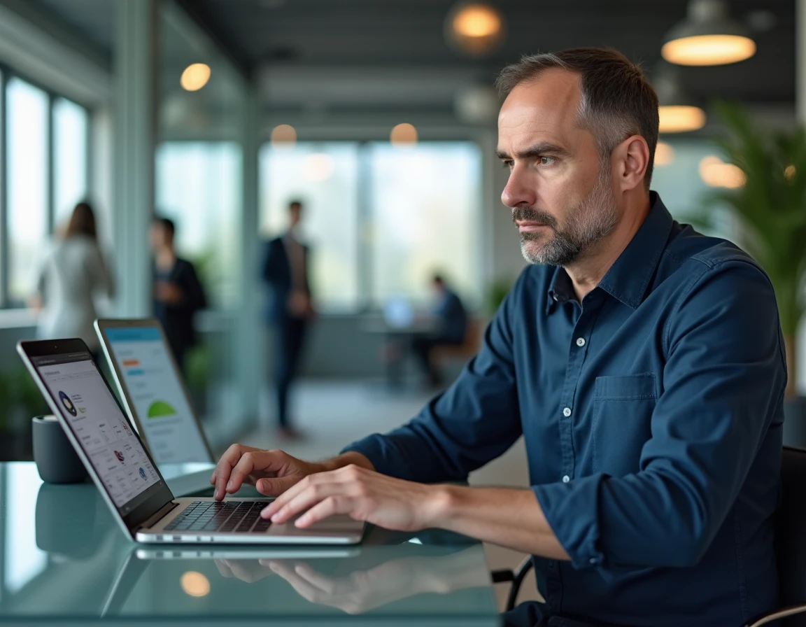 Homme mettant à jour son RIB Free Mobile sur un ordinateur portable dans un environnement de bureau professionnel