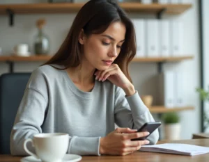 Femme modifiant ses informations bancaires RIB sur son smartphone Free Mobile depuis son bureau à domicile