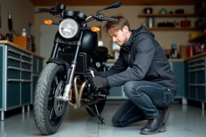 Jeune homme vérifiant le moteur d'une Yamaha MT 125 dans un garage