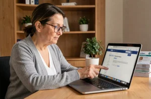 Femme d'une cinquantaine d'années naviguant sur un site médical grâce au plan du site sur son ordinateur portable à domicile