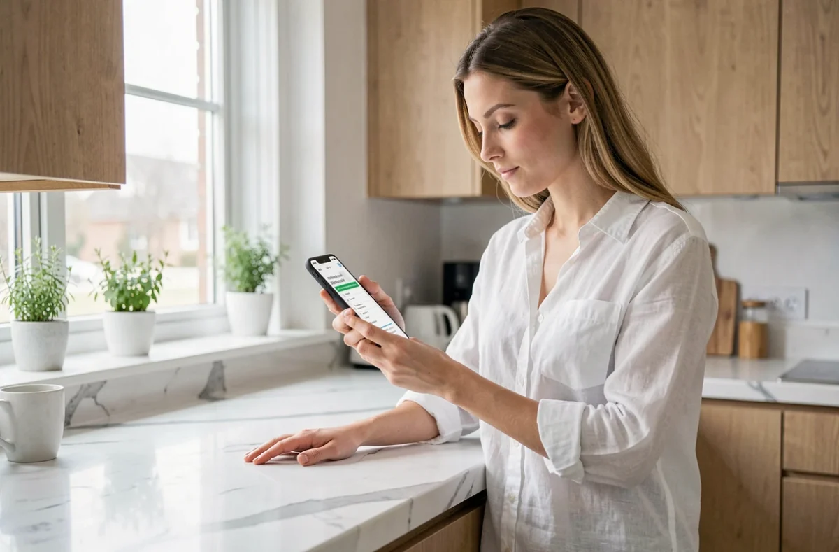 Jeune femme utilisant son smartphone pour naviguer sur le plan d'un site médical depuis sa cuisine