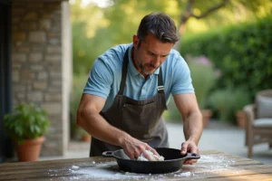 Homme moyenâgeux nettoyant une plancha en fonte en extérieur