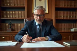 Notaire en costume marine examinant un acte de propriété immobilière dans son bureau officiel