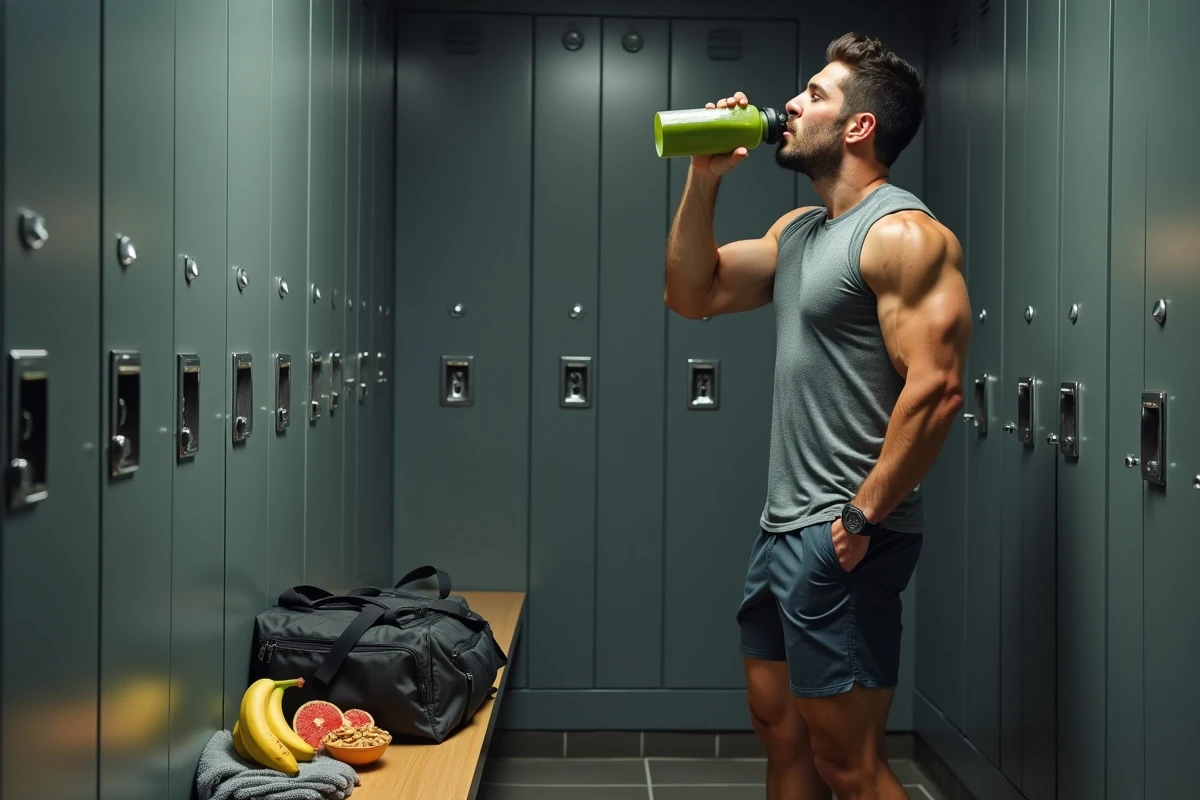 Athlète masculin consommant un smoothie protéiné et des aliments nutritifs avant l'entraînement dans un vestiaire de salle de sport