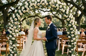 Couple de mariés debout sous un arche fleurie dans un jardin élégamment décoré pour un mariage en plein air