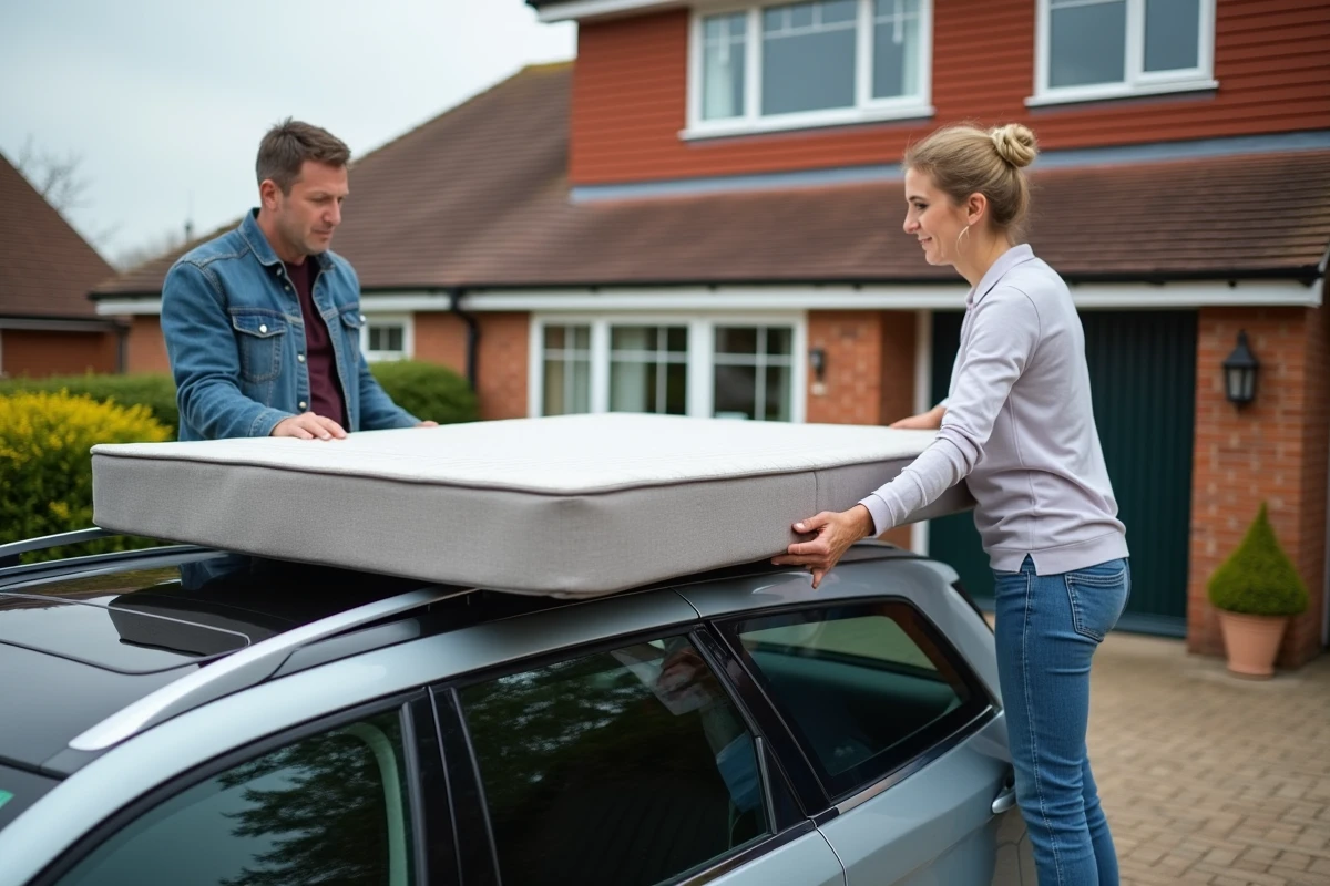 Un couple place un sommier à plat sur le toit d'un break familial, en veillant à ne pas le poser sur la tranche pour respecter les consignes de sécurité.