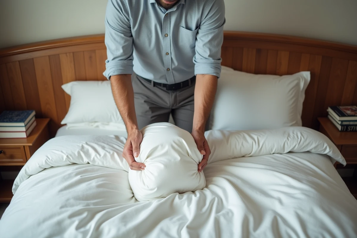 Homme en train de plier un duvet dans une chambre accueillante