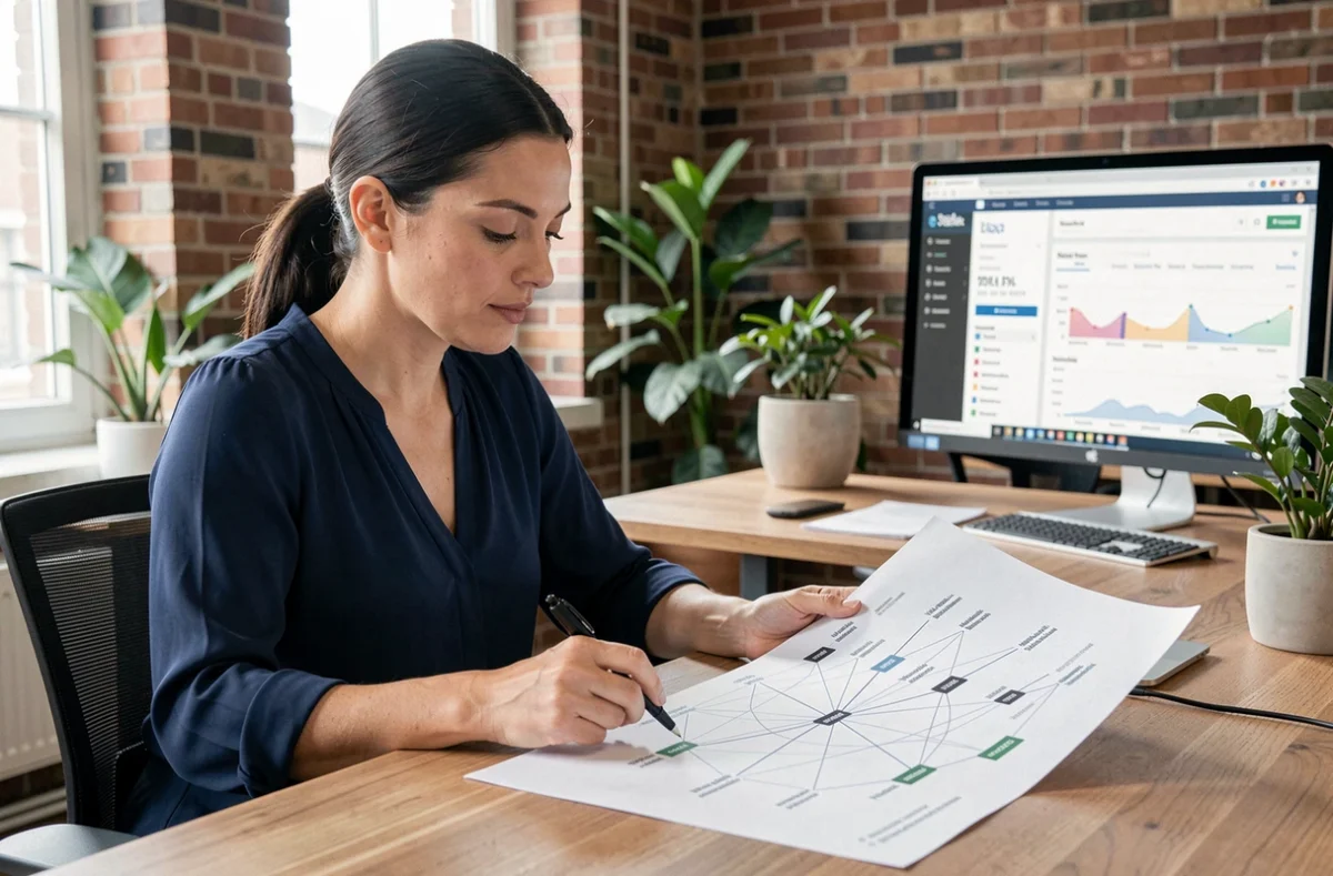 Une professionnelle analyse un diagramme de sitemap web sur son bureau dans un espace de co-working moderne